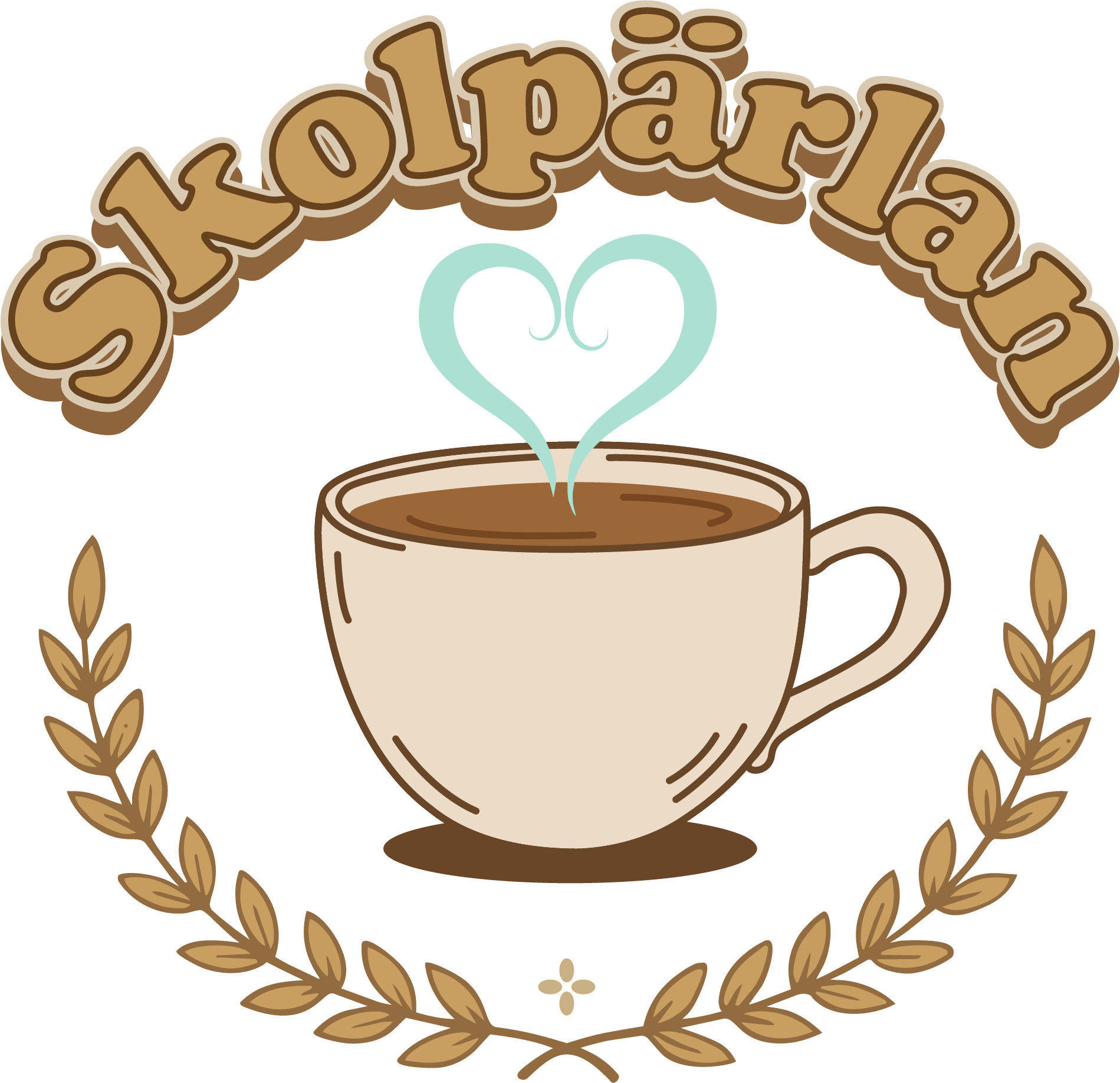 En kaffekopp med ett hjärta som kommer som ånga från koppen och ovanför texten Skolpärlan